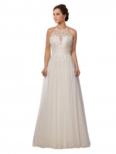 Illusion Halter Lace Boho Wedding Dress with Plunging Sweetheart Bodice Essex