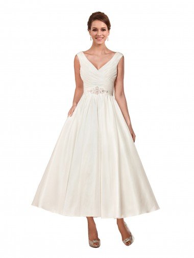 V-Neck A-Line Short Ankle Length Satin Wedding Dress Essex