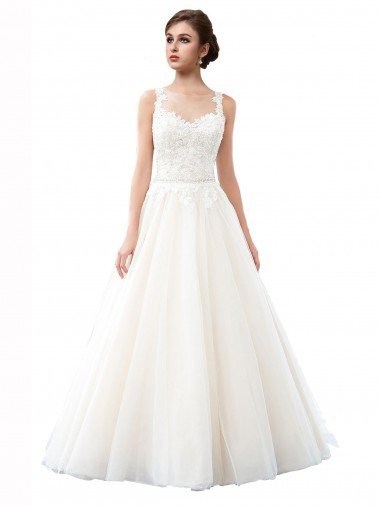 Illusion Neck A-Line Tulle Beach Wedding Dress with Lace Bodice Essex