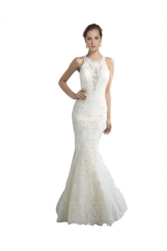 Deep Illusion Neck Mermaid Tulle Beach Wedding Dress with All Over Lace Essex