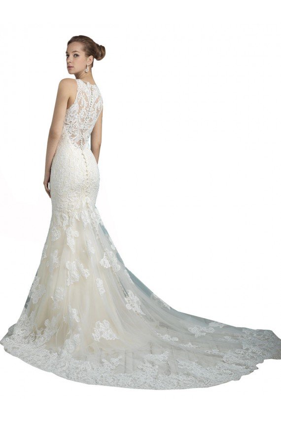 Deep Illusion Neck Mermaid Tulle Beach Wedding Dress with All Over Lace Essex