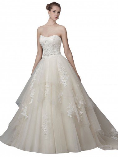 Strapless Ball Gown Tulle Wedding Dress with Lace Appliques Essex