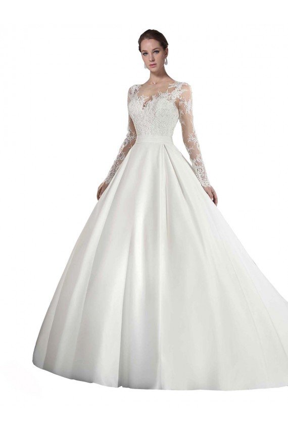 Long Sleeves Illusion Neck A-Line Satin Wedding Dress with Lace Bodice Essex