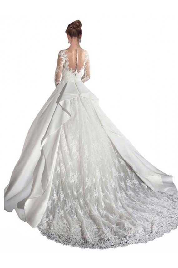 Long Sleeves Illusion Neck A-Line Satin Wedding Dress with Lace Bodice Essex