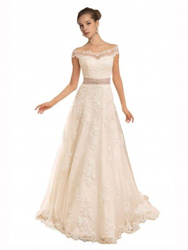 Off the Shoulder Illusion Back A-Line Lace Beach Wedding Dress Essex