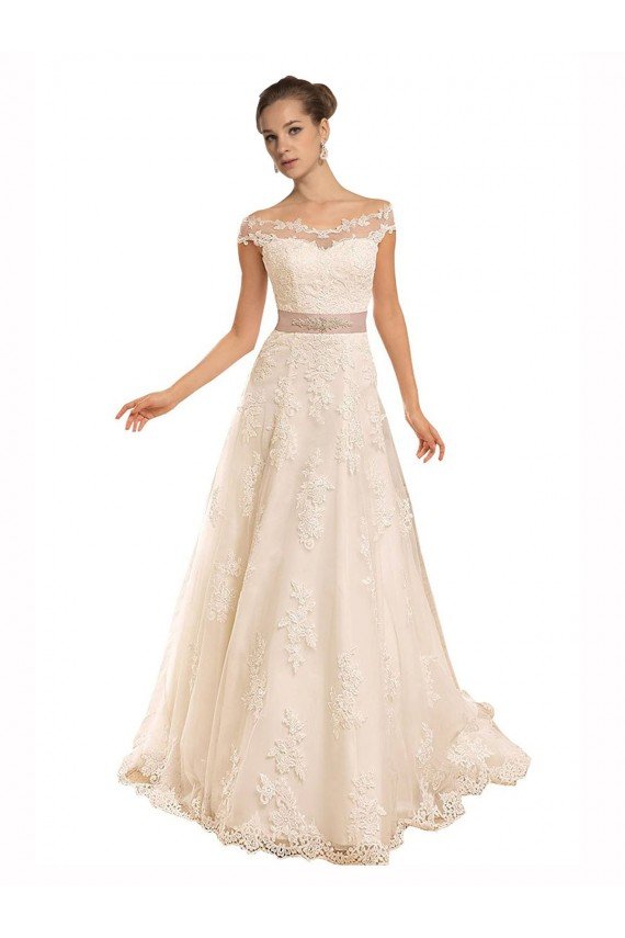 Off the Shoulder Illusion Back A-Line Lace Beach Wedding Dress Essex