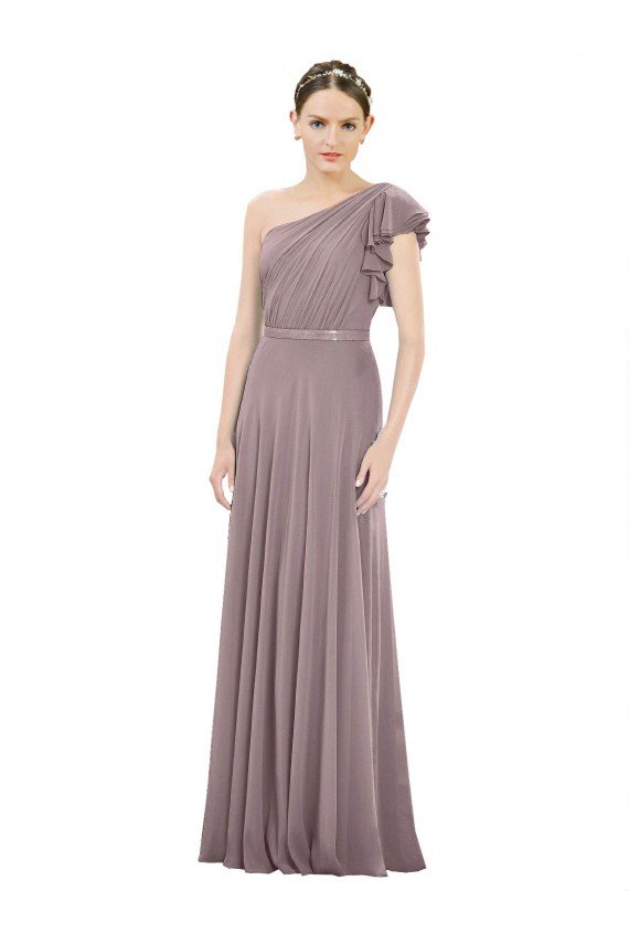 Full Length One Shoulder Chiffon Bridesmaid Dress with Shoulder Ruffle Essex