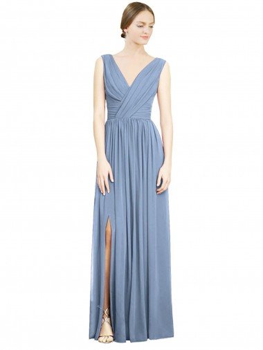 Sleeveless Draped Chiffon Maxi Bridesmaid Dress with Front Slit Essex