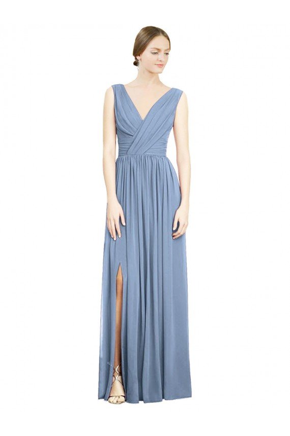 Sleeveless Draped Chiffon Maxi Bridesmaid Dress with Front Slit Essex
