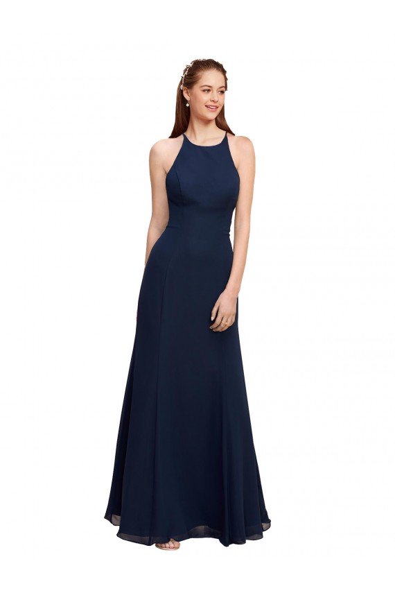 High Halter Fit and Flare Long Chiffon Bridesmaid Dress / Prom Dress with Criss Cross Low Back Essex