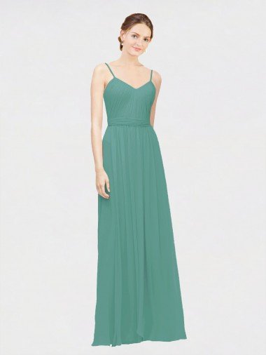 Rouched V-Neckline and Spaghetti Straps Long Chiffon Bridesmaid Dress Essex