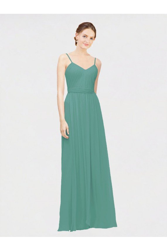Rouched V-Neckline and Spaghetti Straps Long Chiffon Bridesmaid Dress Essex