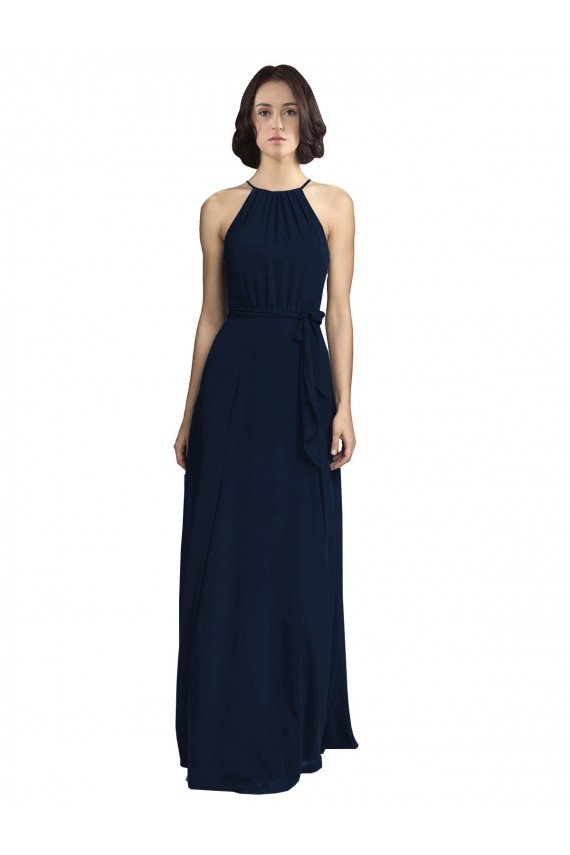 High Neckline Floor Length Chiffon Bridesmaid Dress with Belt Essex