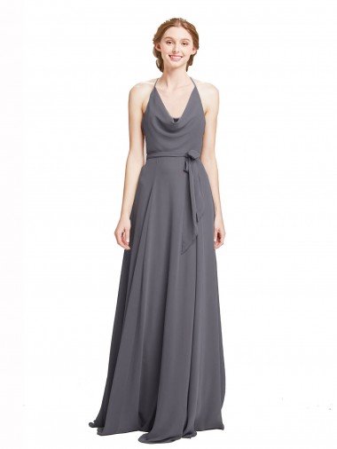 Spaghetti Strap Long Chiffon Bridesmaids Dress with Halter Cowl Neck Essex