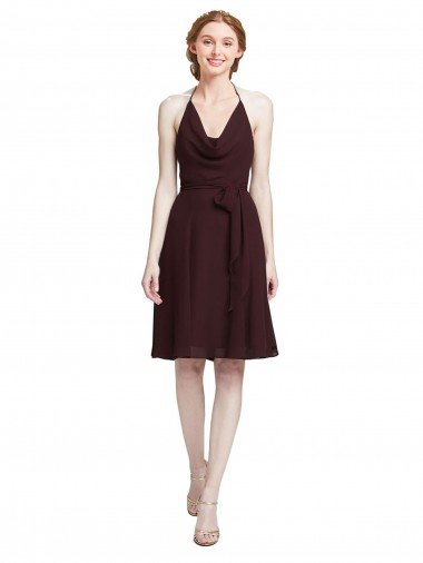 Short Knee Length Chiffon Bridesmaids Dress with Halter Cowl Neck Essex