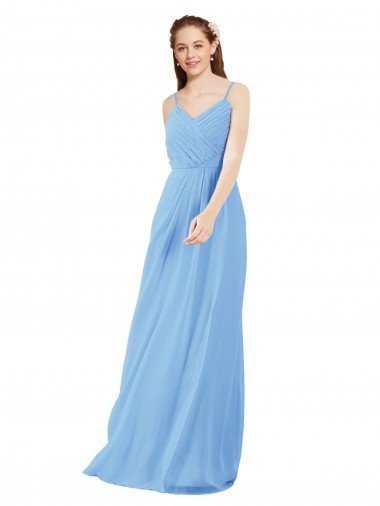 Pleated Low Back Long V-Neck Chiffon Bridesmaid Dress with Thin Straps Essex