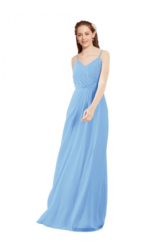 Pleated Low Back Long V-Neck Chiffon Bridesmaid Dress with Thin Straps Essex