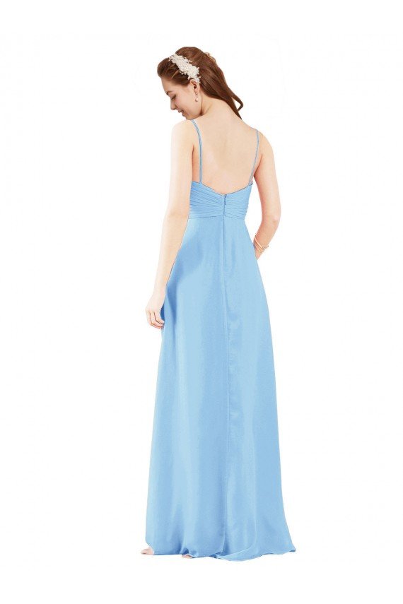 Pleated Low Back Long V-Neck Chiffon Bridesmaid Dress with Thin Straps Essex