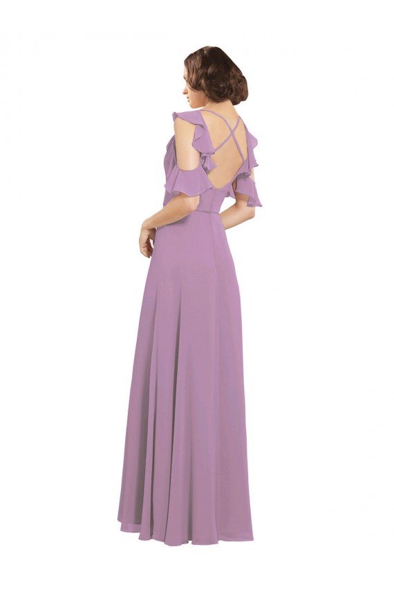 Long Chiffon Bridesmaids Dress with Flounced Sleeve Detail and Criss Cross Back Essex