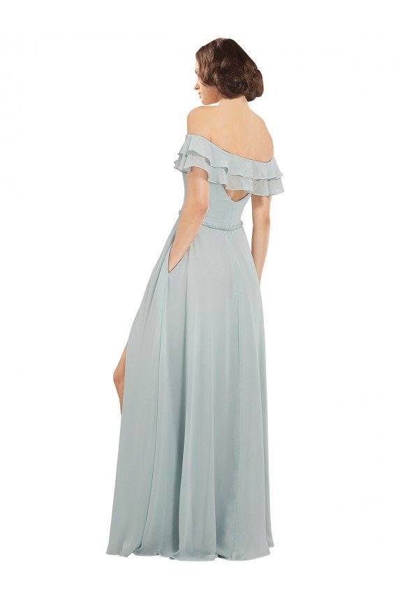 Luxe Chiffon Bridesmaids Dress with Off the Shoulder Flounced Neckline Essex