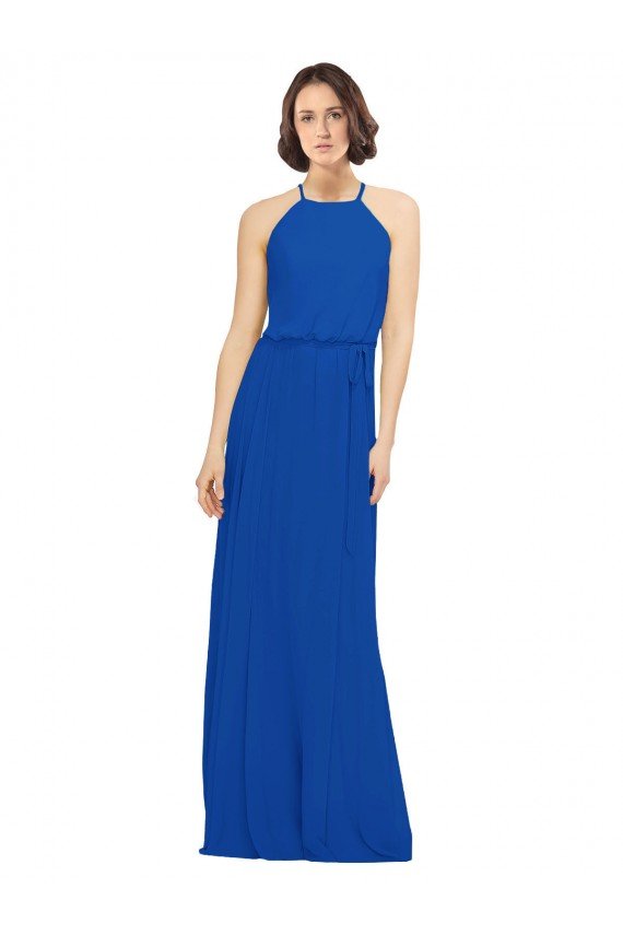 Long Jewel Neckline Chiffon Bridesmaids Dress wit Chiffon Tie Sash Essex