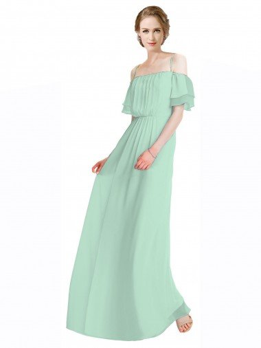 Spaghetti Straps Long Chiffon Off-The-Shoulder Bridesmaid Dress with Double Flounce Sleeves Essex