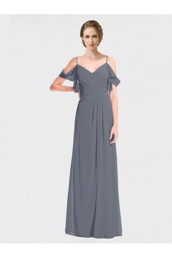 Long Chiffon Spaghetti Strap V-Neck Bridesmaid Dress with Off-The-Shoulder Flutter Sleeves Essex