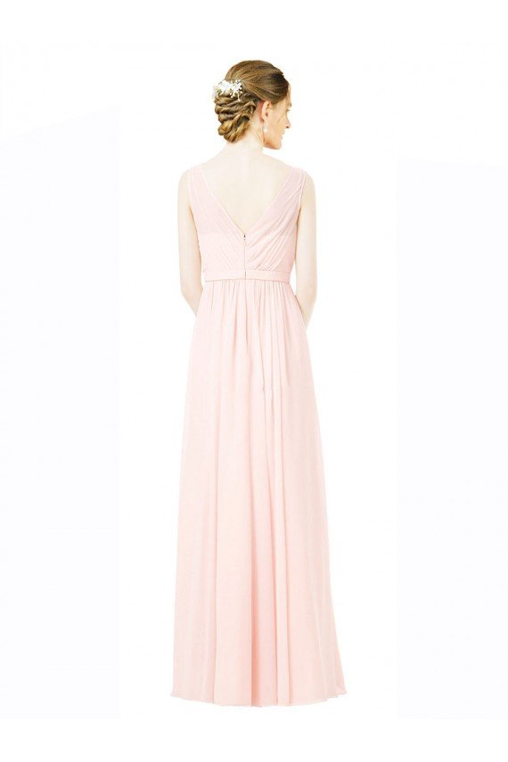 Long Chiffon Sleeveless Bridesmaid Dress with Sheer Illusion Top and V-Back Essex