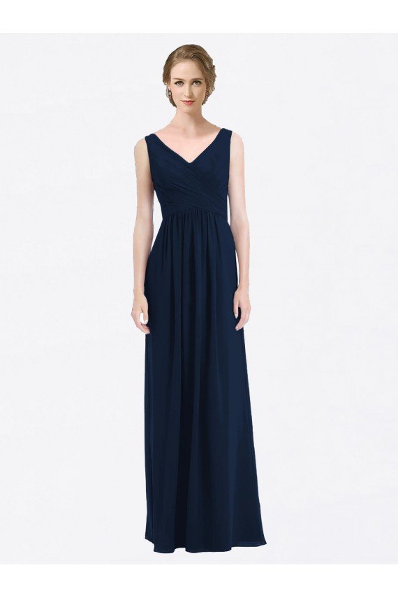 Long Chiffon V-Neck Sleeveless Bridesmaid Dress with Criss-Cross Pleated Bodice Essex