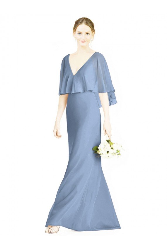 V-Back Trumpet Chiffon Bridesmaid Dress with Draped Cape Overlay Essex