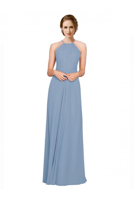Pleated Halter Neckline A-Line Chiffon Bridesmaid with Criss Cross Back Essex
