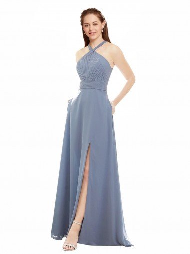 High Neck Chiffon Bridesmaid Dress with Draped Bodice & Pockets Essex