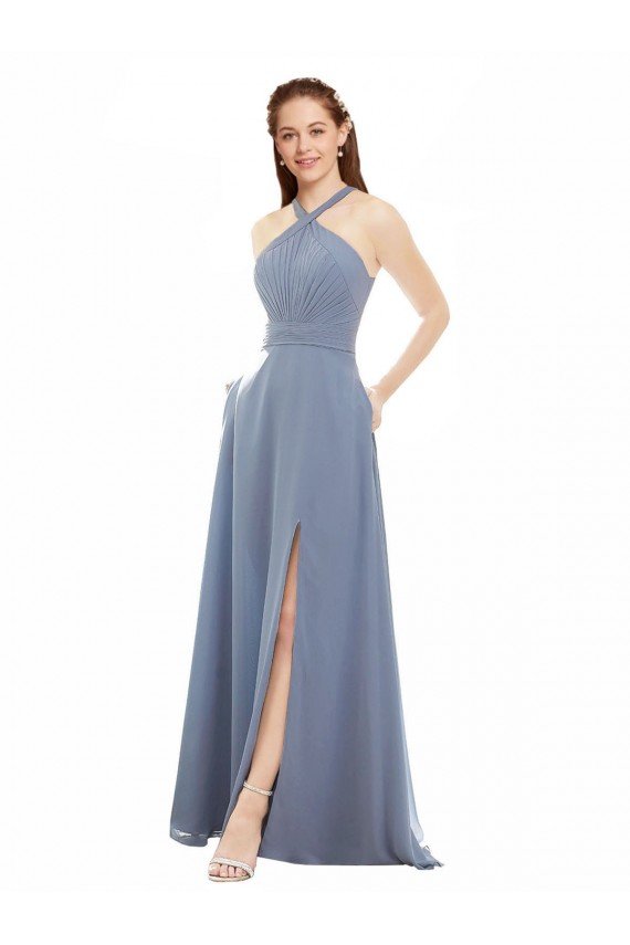 High Neck Chiffon Bridesmaid Dress with Draped Bodice & Pockets Essex