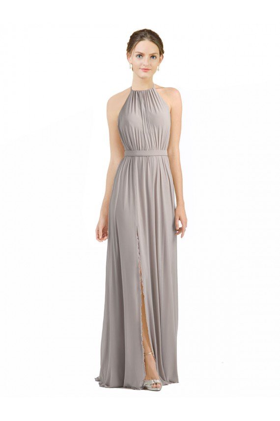 Backless Halter Chiffon Bridesmaid Dress with Front Slit and Tie Open Back Essex