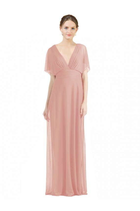 Draped Short Sleeves Long Chiffon A-Line Bridesmaid Dress Essex