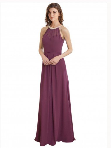 High Neckline Long Chiffon Bridesmaid Dress with Beaded Trim Essex