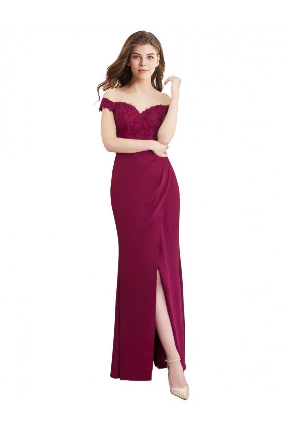 Off the Shoulder Chiffon Bridesmaid Dress with Lace Appliques and Front Slit Essex