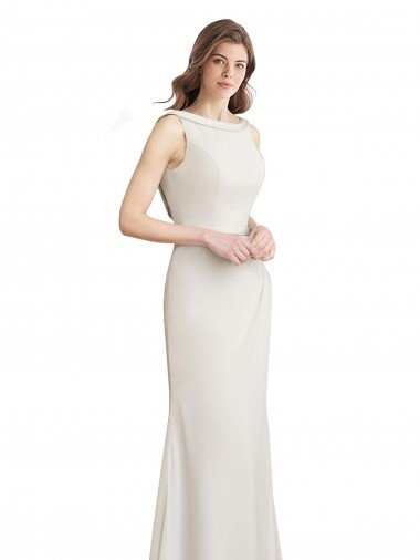 Long Chiffon Bridesmaid Dress with Boat Neckline and Satin Collar Essex