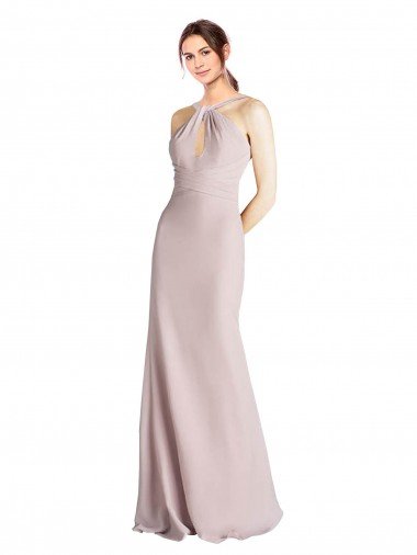 Long Slim Chiffon Bridesmaid Dress with Ruffled Waist and Keyhole Essex