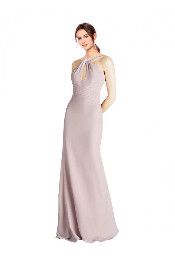Long Slim Chiffon Bridesmaid Dress with Ruffled Waist and Keyhole Essex