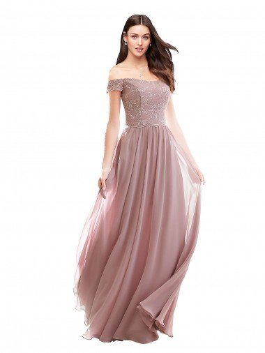 Floor Length Chantilly Lace Off the Shoulder Chiffon Bridesmaid Dress Essex
