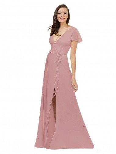 Flutter Sleeves Short Chiffon Bridesmaid Dress with Tie Belt Essex
