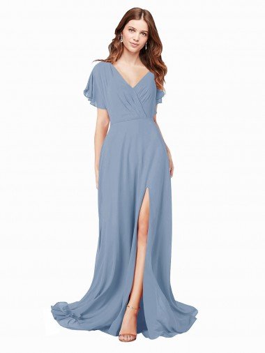 Chiffon Bridesmaid Dress / Prom Dress with Flutter Sleeves and Front Slit Essex