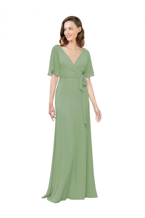 Chiffon V-Neckline Wrap Bridesmaids Dress With Double Flutter Sleeve Essex
