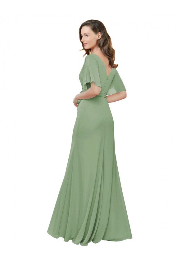 Chiffon V-Neckline Wrap Bridesmaids Dress With Double Flutter Sleeve Essex