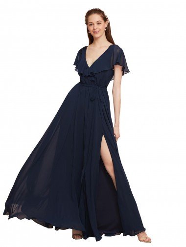 Long V-Neck Chiffon Bridesmaid Dress with Slit and V-Back Essex