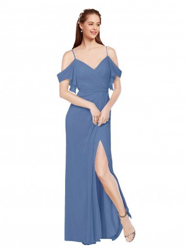 Mock-Wrap Off the Shoulder Long Chiffon Bridesmaid Dress with Side Slit Essex