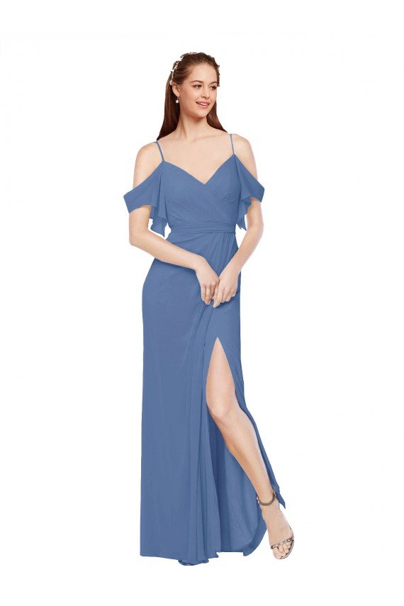 Mock-Wrap Off the Shoulder Long Chiffon Bridesmaid Dress with Side Slit Essex