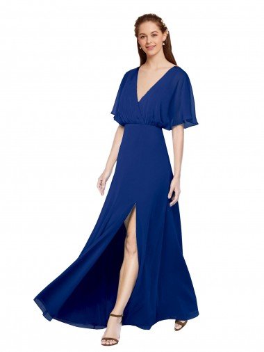 V-Neck Long Chiffon Bridesmaid Dress with Dolman Sleeved Bodice and Slit Essex