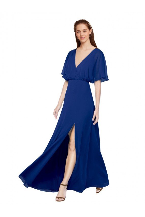 V-Neck Long Chiffon Bridesmaid Dress with Dolman Sleeved Bodice and Slit Essex